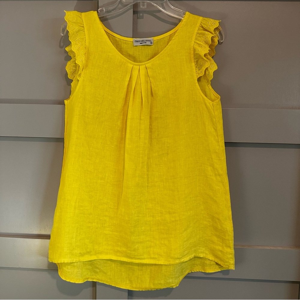 Terzo Millennio ITALY 100% Linen Short Cap Sleeve Blouse Buttercup Yellow Size S